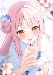 Rule 34 | 1girl, absurdres, blue archive, blush, breasts, capelet, cellphone, cherry blossoms, commentary, dress, flower, hair bun, hair flower, hair ornament, halo, highres, holding, holding phone, long hair, looking at viewer, medium breasts, mika (blue archive), open mouth, phone, pink hair, pink halo, purple flower, rei (ilust9999), single side bun, smartphone, smile, solo, upper body, white capelet, white dress, yellow eyes