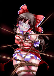 Rule 34 | 1girl, arms behind back, bare shoulders, bdsm, black background, blindfold, blush, bondage, bound, bound arms, bound legs, bow, box tie, breast bondage, breasts, brown hair, cleavage, detached sleeves, female focus, gag, gagged, hair bow, hair tubes, hakurei reimu, highres, japanese clothes, lilish, long hair, miko, navel, panties, rope, simple background, solo, sweat, tears, torn clothes, touhou, underwear, white panties
