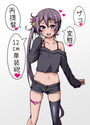 Rule 34 | 1girl, akebono (kancolle), alternate costume, bell, black shorts, black thighhighs, blush, collarbone, feet out of frame, flower, gradient background, hair bell, hair between eyes, hair flower, hair ornament, heart, jingle bell, kantai collection, long hair, navel, open mouth, pink flower, purple eyes, purple hair, short shorts, shorts, side ponytail, single thighhigh, solo, speech bubble, thighhighs, translation request, yuki to hana