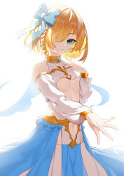 Rule 34 | 1girl, bare shoulders, blonde hair, blue bow, blue eyes, bow, braid, breasts, closed mouth, collarbone, commentary request, copyright request, cowboy shot, detached sleeves, hair bow, hair ornament, hair over one eye, hand up, highres, long sleeves, looking at viewer, midriff, navel, original, see-through, short hair, side braid, small breasts, smile, solo, standing, stomach, striped sleeves, underboob, white background, zoneky