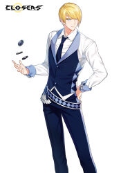 Rule 34 | 1boy, alternate hair color, belt, blonde hair, blue belt, blue eyes, blue necktie, blue pants, blue vest, chulsoo kim (closers), closers, collared shirt, copyright name, croupier, dress pants, dress shirt, feet out of frame, hair over one eye, hand on own hip, highres, light smile, logo, long sleeves, looking to the side, male focus, necktie, official art, pants, poker chip, shirt, short hair, solo, standing, swept bangs, tossing, turning head, vest, waistcoat, white background, white shirt