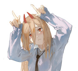 Rule 34 | 1girl, :&lt;, arms up, blonde hair, blue sweater, chainsaw man, commentary, cross-shaped pupils, crosshair pupils, dino (dinoartforame), fang, hair between eyes, highres, horns, horns pose, index finger raised, index fingers raised, long hair, power (chainsaw man), red eyes, red horns, shirt, simple background, skin fang, solo, sweater, symbol-shaped pupils, very long hair, white background, white shirt