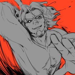 Rule 34 | 1boy, beard, clenched teeth, eric bloodaxe (fate), fate/grand order, fate (series), grin, male focus, monochrome, open mouth, topless male, short hair, teeth