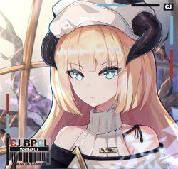 Rule 34 | 1girl, arknights, barcode, bare shoulders, beret, blonde hair, blue eyes, bupa chila, hat, highres, horns, long hair, looking at viewer, nightingale (arknights), portrait, solo, turtleneck, white hat