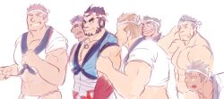 Rule 34 | 6+boys, :q, aether deity (housamo), bandaid, bara, character request, colored skin, ep06, facial hair, fire deity (housamo), forked eyebrows, fundoshi, goatee, gradient skin, grin, hachimaki, happi, happy, headband, japanese clothes, large pectorals, long sideburns, male focus, mature male, multiple boys, muscular, muscular male, mutton chops, nejiri hachimaki, nether deity (housamo), no eyes, one eye closed, pectoral cleavage, pectorals, profile, red skin, short hair, sideburns, sketch, smile, standing, tajikarao (housamo), thick eyebrows, tokyo houkago summoners, tongue, tongue out, tusks, walking, water deity (housamo), wood deity (housamo)