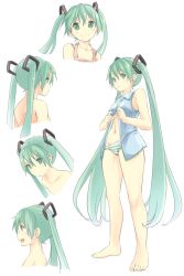 Rule 34 | 1girl, blush, green eyes, green hair, green panties, hatsune miku, highres, hpflower, long hair, no pants, open clothes, open shirt, panties, shirt, simple background, smile, striped clothes, striped panties, twintails, underwear, upper body, very long hair, vocaloid, white background