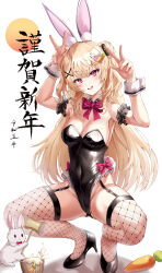 Rule 34 | 1girl, absurdres, animal, animal ears, arm garter, armpits, arms up, bare shoulders, black footwear, black leotard, blonde hair, bnari, bow, bowtie, breasts, carrot hair ornament, chinese zodiac, cleavage, covered navel, detached collar, double v, fake animal ears, fishnet thighhighs, fishnets, food-themed hair ornament, frilled leotard, frills, garter straps, gluteal fold, hair ornament, hairclip, happy new year, high heels, highleg, highleg leotard, highres, kine, large breasts, leotard, long hair, looking at viewer, mallet, mole, mole on breast, new year, original, playboy bunny, rabbit, rabbit ears, rabbit pose, red eyes, solo, squatting, strapless, strapless leotard, thighhighs, thighs, two side up, v, wrist cuffs, x hair ornament, year of the rabbit