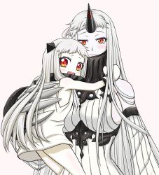 Rule 34 | 10s, 2girls, :d, abyssal ship, ahoge, breasts, carrying, carrying person, claws, colored skin, commentary request, detached sleeves, dress, highres, horns, kantai collection, long hair, looking at viewer, mittens, multiple girls, northern ocean princess, open mouth, red eyes, ribbed sweater, seaport princess, sideboob, simple background, single horn, slit pupils, smile, sweater, white background, white dress, white hair, white skin, zenryoku natsuyasumi