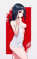 Rule 34 | 1girl, black hair, breasts, cowboy shot, eyelashes, from side, hand up, holding, holding towel, lewdbroccoli, long hair, looking at viewer, looking to the side, medium breasts, naked towel, navel, nipples, original, parted lips, red eyes, sideways glance, solo, teeth, towel, wet