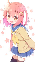 Rule 34 | 1girl, :d, ahoge, ayanepuna, blue sailor collar, blue skirt, blush, brown cardigan, brown eyes, brown thighhighs, cardigan, commentary request, floral background, hair between eyes, hair ornament, hair ribbon, hairclip, highres, long sleeves, looking at viewer, neckerchief, one side up, open cardigan, open clothes, open mouth, original, pleated skirt, puffy long sleeves, puffy sleeves, ribbon, sailor collar, school uniform, serafuku, shirt, simple background, skirt, smile, solo, thighhighs, white background, white ribbon, white shirt, yellow neckerchief, yune (ayanepuna)