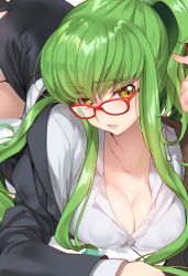 Rule 34 | 1girl, breasts, c.c., cleavage, code geass, glasses, green hair, large breasts, long hair, lying, on side, on stomach, solo, yellow eyes
