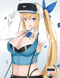 Rule 34 | 1girl, absurdres, arms up, black skirt, blonde hair, blue eyes, blue flower, blue rose, blue shirt, blush, bow, bra, breasts, chibi, chibi inset, cleavage, collared shirt, commentary request, elbow gloves, eyelashes, flower, gloves, gradient background, grey background, hair between eyes, hair bow, head-mounted display, highres, large breasts, looking at viewer, maruyaa (malya1006), mirai akari, mirai akari project, navel, open mouth, petals, playstation vr, rose, shiny skin, shirt, side ponytail, sidelocks, simple background, skindentation, skirt, sleeveless, suspender skirt, suspenders, underwear, upper body, v, virtual youtuber, white gloves