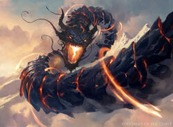Rule 34 | animal focus, black horns, blue sky, cloud, colossus, commentary, company name, dragon, english commentary, facing viewer, glowing, glowing eyes, glowing mouth, greg rutkowski, horns, lava, magic: the gathering, monster, mountain, no humans, official art, open mouth, orange eyes, orange sky, outdoors, painterly, ryusei (magic: the gathering), sharp teeth, sky, solo, teeth, wyrm