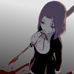 Rule 34 | 1girl, blood, blood on face, blood stain, blood on clothes, breasts, commentary request, cowboy shot, dripping, closed eyes, glaive (polearm), gloves, hair intakes, holding, holding weapon, kantai collection, long sleeves, neck ribbon, polearm, purple eyes, purple hair, red ribbon, ribbon, school uniform, short hair, signature, skirt, smile, solo, tatsuta (kancolle), weapon, zabuton dorobou