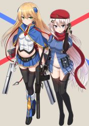 Rule 34 | 2girls, 9a-91, 9a-91 (girls&#039; frontline), assault rifle, belt, belt pouch, beret, black footwear, black legwear, black panties, blazblue, blonde hair, blue capelet, blue dress, blue eyes, blue footwear, blue skirt, bolverk, boots, breasts, brown gloves, capelet, closed mouth, collared shirt, commentary request, commission, crop top, crossover, dress, dual wielding, full body, girls&#039; frontline, gloves, green eyes, guest character, gun, hair between eyes, hair ornament, hand up, handgun, hat, holding, holding gun, holding weapon, knee boots, long hair, looking at viewer, medium breasts, midriff, miniskirt, multiple girls, name connection, navel, necktie, noel vermillion, object namesake, panties, parted lips, pleated skirt, pouch, red hat, red neckwear, red ribbon, red scarf, ribbon, rifle, scarf, see-through, shirt, short necktie, short sleeves, side-tie panties, sidelocks, skirt, smile, standing, star (symbol), star hair ornament, stomach, suppressor, thigh boots, thighhighs, trigger discipline, underwear, very long hair, weapon, white gloves, white hair, white shirt, yakob labo, zettai ryouiki