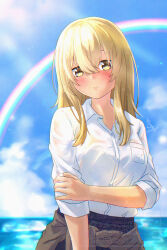 1girl absurdres blonde_hair blue_skirt blurry breast_pocket brown_jacket clothes_around_waist commentary depth_of_field dress_shirt hair_between_eyes higa_kana highres jacket jacket_around_waist long_hair looking_at_viewer mutsuki_(mutsuki0110) ocean okinawa_de_suki_ni_natta_ko_ga_hougen_sugite_tsurasugiru pleated_skirt pocket rainbow see-through_clothes see-through_shirt shirt skirt solo wet white_shirt yellow_eyes