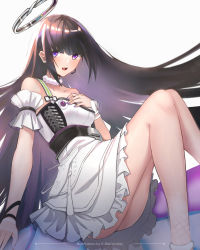Rule 34 | 1girl, artist name, black hair, blush, breasts, collarbone, dress, girls&#039; frontline, girls&#039; frontline neural cloud, halo, hand on own chest, highres, ksartworks, long hair, looking at viewer, microphone, nail polish, nanaka (neural cloud), open mouth, purple eyes, purple nails, simple background, sitting, solo, teeth, upper teeth only, very long hair, white background, white dress