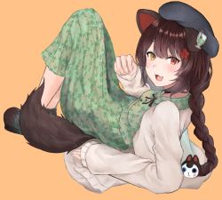 Rule 34 | 1girl, absurdres, animal ears, badge, beret, black hat, blush, brown footwear, brown hair, commentary, dog ears, dog girl, dog hair ornament, dog tail, dress, fang, floral print, flower, from behind, green dress, hair flower, hair ornament, hat, heterochromia, highres, huge filesize, inui toko, inui toko (3rd costume), long braid, long hair, looking at viewer, looking back, lying, nijisanji, on floor, open mouth, orange background, paw pose, red eyes, shiki. (shigekix31), simple background, skin fang, smile, solo, tail, virtual youtuber, yellow eyes