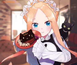 Rule 34 | 1girl, abigail williams (fate), abigail williams (festival outfit) (fate), alternate costume, black cat, blonde hair, blue eyes, blueberry, blush, braid, breasts, cat, dress, enmaided, fate/grand order, fate (series), food, forehead, french braid, fruit, keyhole, long hair, looking at viewer, maid, maid headdress, matsui haru, pancake, parted bangs, plate, raspberry, sash, sidelocks, sleeves past fingers, sleeves past wrists, small breasts, very long hair, whipped cream, white dress