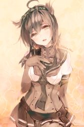 Rule 34 | 10s, 1girl, ahoge, anchor symbol, bad id, bad pixiv id, black hair, bodysuit, breasts, brown hair, cis (carcharias), collar, commentary request, corset, female focus, gradient background, hachimaki, hair flaps, hand on own chest, hatsuzuki (kancolle), headband, kantai collection, long hair, looking at viewer, medium breasts, open mouth, pleated skirt, school uniform, serafuku, sketch, skirt, smile, solo, twitter username, uniform, yellow background, yellow eyes