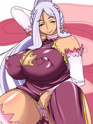 Rule 34 | 1girl, bare shoulders, blue eyes, breasts, chinese clothes, clitoris, doro (pixiv1599005), dress, elbow gloves, covered erect nipples, female pubic hair, gloves, huge breasts, koihime musou, kougai, long hair, mole, nipples, plump, ponytail, pubic hair, puffy nipples, purple hair, pussy, skirt, skirt around belly, skirt tug, smile, solo, spread legs, thick thighs, thighs, uncensored