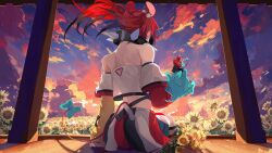 Rule 34 | 1girl, flower, hakos baelz, hakos baelz (1st costume), highres, hololive, hololive english, mouse, mouse girl, moyomo8, red hair, sitting, sunflower, sunlight, sunset, virtual youtuber