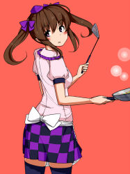 Rule 34 | 1girl, apron, back, blush, bow, brown hair, checkered clothes, checkered skirt, cooking, cowboy shot, from behind, frying pan, hair bow, hat, himekaidou hatate, himeshita johnny mafuyu, long hair, looking at viewer, looking back, mid win h, open mouth, purple eyes, red background, skirt, solo, spatula, thighhighs, tokin hat, touhou, twintails, zettai ryouiki