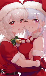 Rule 34 | 2girls, :&lt;, absurdres, artist name, asymmetrical docking, azur lane, bare shoulders, bell, blue hair, blunt bangs, breast press, breasts, cheek-to-cheek, chestnut mouth, closed mouth, commentary request, dido (azur lane), dress, from side, fur-trimmed dress, fur-trimmed gloves, fur-trimmed headwear, fur trim, gloves, hair between eyes, hat, heads together, highres, hug, kimi tsuru, large breasts, light blue hair, long hair, multiple girls, neck bell, one eye closed, open mouth, purple eyes, red dress, red eyes, red gloves, red headwear, santa dress, santa hat, short hair, short sleeves, siblings, signature, silver hair, sirius (azur lane), sisters, sleeveless, sleeveless dress, smile