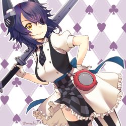 Rule 34 | 1girl, abyssal ship, adapted costume, apron, bad id, bad pixiv id, breasts, checkered apron, checkered background, checkered clothes, checkered necktie, checkered neckwear, club (shape), commentary, compass, contrapposto, cosplay, cowboy shot, diamond (shape), dress, dutch angle, enemy lifebuoy (kancolle), eyepatch, frilled dress, frills, headgear, heart, highres, kantai collection, kotobuki (momoko factory), large breasts, looking at viewer, michishio (kancolle), michishio (kancolle) (cosplay), necktie, purple hair, short hair, solo, spade (shape), standing, striped clothes, striped thighhighs, sword, tenryuu (kancolle), thighhighs, twitter username, two-tone dress, weapon, white dress, yellow eyes