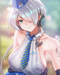 Rule 34 | 1girl, absurdres, armpits, bare shoulders, blue headwear, blue necktie, blurry, blurry background, blush, breasts, brid (nikke), closed mouth, collared shirt, earrings, goddess of victory: nikke, grey hair, hair over one eye, highres, hoop earrings, jewelry, large breasts, liangmian, mole, mole on breast, necktie, shirt, shoulder tattoo, sideboob, sleeveless, sleeveless shirt, tattoo, upper body