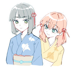 Rule 34 | 2girls, alternate color, black hair, blue kimono, blunt bangs, blunt ends, closed mouth, commentary, cosplay, cropped torso, crossed bangs, flower, flower knot, green eyes, hair flower, hair ornament, highres, hinoshita kaho, japanese clothes, kimono, link! like! love live!, looking at another, love live!, medium hair, momose ginko, momose ginko (cosplay), multiple girls, official alternate costume, orange hair, pale color, short hair, simple background, smile, split mouth, symbol-only commentary, two side up, virtual youtuber, white background, yellow kimono, zangemiya