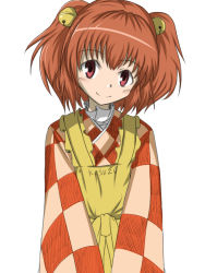 Rule 34 | 1girl, apron, bell, character name, checkered clothes, checkered shirt, clothes writing, female focus, hair bell, hair ornament, jingle bell, long sleeves, motoori kosuzu, orange hair, red eyes, shirt, short hair, smile, solo, tachi (mtd), touhou, twintails, two side up, wide sleeves