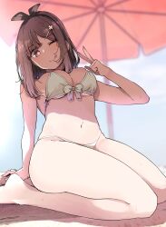 Rule 34 | 1girl, ;p, atelier (series), atelier ryza, atelier ryza 1, beach, beach umbrella, bikini, black hairband, bow hairband, breasts, brown eyes, brown hair, commentary request, front-tie bikini top, front-tie top, hair ornament, hairband, hairclip, hand up, highres, kneeling, large breasts, looking at viewer, navel, nyoijizai, one eye closed, outdoors, reisalin stout, short hair, sidelocks, solo, swimsuit, tongue, tongue out, umbrella, w, white bikini