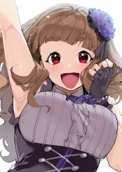 1girl :d absurdres arm_up armpits black_gloves blunt_bangs blush bow bowtie breasts brown_hair commentary fingerless_gloves flower gloves grey_shirt hair_flower hair_ornament hand_up highres idolmaster idolmaster_cinderella_girls idolmaster_cinderella_girls_starlight_stage kamiya_nao long_hair looking_at_viewer medium_breasts menea open_mouth purple_bow purple_bowtie purple_flower red_eyes shirt simple_background sleeveless sleeveless_shirt smile solo teeth thick_eyebrows upper_body upper_teeth_only white_background