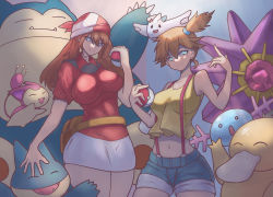Rule 34 | 2girls, absurdres, adapted costume, asymmetrical hair, bare legs, bike shorts, blue eyes, breasts, brown hair, cowboy shot, creatures (company), delcatty, denim, denim shorts, game freak, gen 1 pokemon, gen 2 pokemon, gen 3 pokemon, gen 4 pokemon, green eyes, gym leader, highres, holding, holding poke ball, jerry jestar, large breasts, legs, may (pokemon), misty (pokemon), multiple girls, munchlax, navel, nintendo, orange hair, poke ball, pokemon, pokemon (anime), pokemon (classic anime), pokemon rse (anime), ponytail, psyduck, red hair, shirt, short hair, short shorts, shorts, side ponytail, simple background, smile, snorlax, starmie, suspenders, tank top, thighs, togekiss, twintails, wide hips, wooper, yellow shirt, yellow tank top