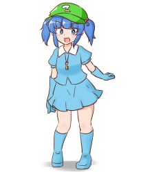 Rule 34 | 1girl, :d, blue eyes, blue footwear, blue gloves, blue hair, blue shirt, blue skirt, blunt bangs, boots, bright pupils, commentary, english commentary, flat cap, full body, gloves, green hat, hair bobbles, hair ornament, happy, hat, kawashiro nitori, key, mizusoba, open mouth, pigeon-toed, rubber boots, shirt, short sleeves, simple background, skirt, smile, solo, standing, touhou, two side up, white background, white pupils, wing collar
