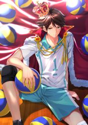 Rule 34 | 10s, 1boy, ball, brown eyes, brown hair, cape, crown, gym shorts, haikyuu!!, highres, holding, holding ball, knee pads, looking at viewer, male focus, multiple balls, oikawa tooru (haikyuu!!), short hair, shorts, sitting, solo, sportswear, swordsouls, volleyball (object), volleyball uniform