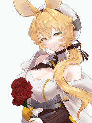 Rule 34 | 1girl, absurdres, arknights, bare shoulders, beret, blonde hair, breasts, brown eyes, cleavage, cleavage cutout, cloak, closed mouth, clothing cutout, commentary request, dorothy (arknights), dr.lamina, flower, gloves, grey background, hair between eyes, hat, highres, holding, holding flower, large breasts, long hair, long sleeves, looking at viewer, red flower, simple background, smile, solo, very long hair, white cloak, white hat, yellow gloves