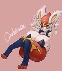 Rule 34 | 1girl, breasts, breasts on lap, bursting breasts, character name, cinderace, creatures (company), curvy, eyelashes, female focus, floating, full body, furry, furry female, game freak, gen 8 pokemon, gipehtyboo, heart, highres, huge breasts, looking at viewer, nintendo, pokemon, rabbit girl, rabbit pose, red background, red eyes, smile, solo, thick thighs, thighs, wide hips