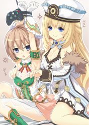 Rule 34 | &gt;:), 2girls, anger vein, armpits, arms up, bare shoulders, bdsm, blanc (neptunia), blanc (neptunia) (cosplay), blonde hair, blue eyes, blush, bondage, bound, bound wrists, breasts, brown hair, cleavage, collarbone, controller, cosplay, costume switch, dress, female focus, frilled gloves, frilled hat, frills, game controller, gamepad, gloves, hat, height difference, large breasts, long hair, long sleeves, multiple girls, neck ribbon, neptune (series), open mouth, outline, ribbon, shiitake urimo, short hair, sitting, smile, sparkle, v-shaped eyebrows, vert (neptunia), vert (neptunia) (cosplay), very long hair, white dress, white gloves, yuri