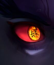 Rule 34 | 1boy, absurdres, artist name, close-up, colored sclera, colored skin, commentary, crain1art, english commentary, eye focus, furrowed brow, highres, kimetsu no yaiba, looking ahead, male focus, purple skin, red sclera, solo, text in eyes, yellow eyes, zohakuten (kimetsu no yaiba)