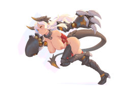Rule 34 | 1girl, bdsm, bigrbear, black hair, bondage, bound, breasts, claws, collar, full body, horns, large breasts, long hair, looking afar, nipples, nude, original, running, simple background, solo, tail, white background, yellow eyes