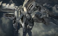 Rule 34 | armored core, armored core: for answer, cloud, dual wielding, dutch angle, flying, glowing, gun, highres, holding, holding gun, holding weapon, karamas, mecha, mecha focus, mechanical, military, outdoors, robot, weapon, white glint