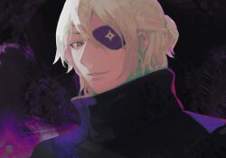 Rule 34 | 1boy, ai the somnium files, bandages, blonde hair, collared jacket, date kaname, driftwoodwolf, eyepatch, jacket, looking at viewer, male focus, short ponytail, smile, solo, teeth, upper body
