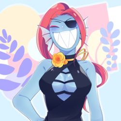 Rule 34 | 1girl, :d, artist request, bare shoulders, blue skin, blush, breasts, cleavage, closed eyes, collarbone, colored skin, dress, eyepatch, fins, grin, head fins, long hair, monster girl, no bra, open mouth, ponytail, red hair, ribbon, sharp teeth, sleeveless, smile, solo, teeth, undertale, undyne