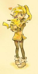 Rule 34 | 1girl, blonde hair, chuchu (pokemon), creatures (company), flower, game freak, gen 1 pokemon, hat, heart, highres, nintendo, one eye closed, pantyhose, pikachu, pokemon, pokemon (creature), pokemon adventures, ponytail, shinoasa, short hair, skirt, straw hat, wink, yellow (pokemon), yellow skirt