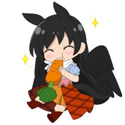Rule 34 | 1girl, animal ears, bandana, black hair, black wings, brown footwear, carrot, closed eyes, closed mouth, eating, food, full body, highres, holding, holding food, horse ears, horse tail, kurokoma saki, long hair, multicolored clothes, no headwear, pegasus wings, rizleting, short sleeves, simple background, solo, star (symbol), tail, touhou, white background, white bandana, wings