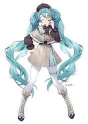 1girl, blue eyes, blue hair, brooch, brown neckwear, brown ribbon, cross-laced footwear, full body, grey footwear, grey skirt, hand on hip, hand up, hatsune miku, head tilt, highres, jewelry, long hair, looking at viewer, magnifying glass, miniskirt, neck ribbon, one eye closed, pantyhose, parted lips, ribbon, simple background, skirt, sogawa, solo, twintails, very long hair, vocaloid, white background, white legwear