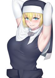 Rule 34 | 1girl, armpits, arms behind head, black dress, blonde hair, blue eyes, blush, breasts, dress, elbow gloves, en&#039;en no shouboutai, eyes visible through hair, gloves, hair between eyes, half-closed eyes, heavy breathing, highres, iris (enen no shouboutai), large breasts, looking at viewer, naiver, nun, seductive smile, short hair, smile, solo, sweat, veil, white background, white gloves