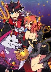 Rule 34 | 1boy, 1girl, :d, ;d, alternate costume, animal ears, ass, back, bare shoulders, basket, black gloves, black hair, blue eyes, blush, candy, cape, cat ears, cat tail, demon horns, demon tail, elbow gloves, elizabeth bathory (fate), elizabeth bathory (fate/extra ccc), fang, fate/grand order, fate (series), food, frills, fujimaru ritsuka (female), fujimaru ritsuka (male), gloves, halloween, high heels, horns, lollipop, looking at viewer, medjed (fate), negi (ulog&#039;be), nitocris (fate), nitocris (fate/grand order), nitocris (swimsuit assassin) (fate), one eye closed, open mouth, orange eyes, orange hair, polearm, smile, tail, trident, vampire costume, weapon, white gloves